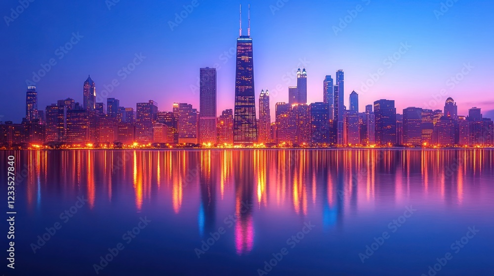 Obraz premium Cityscape sunrise reflection, lakefront, urban panorama, travel