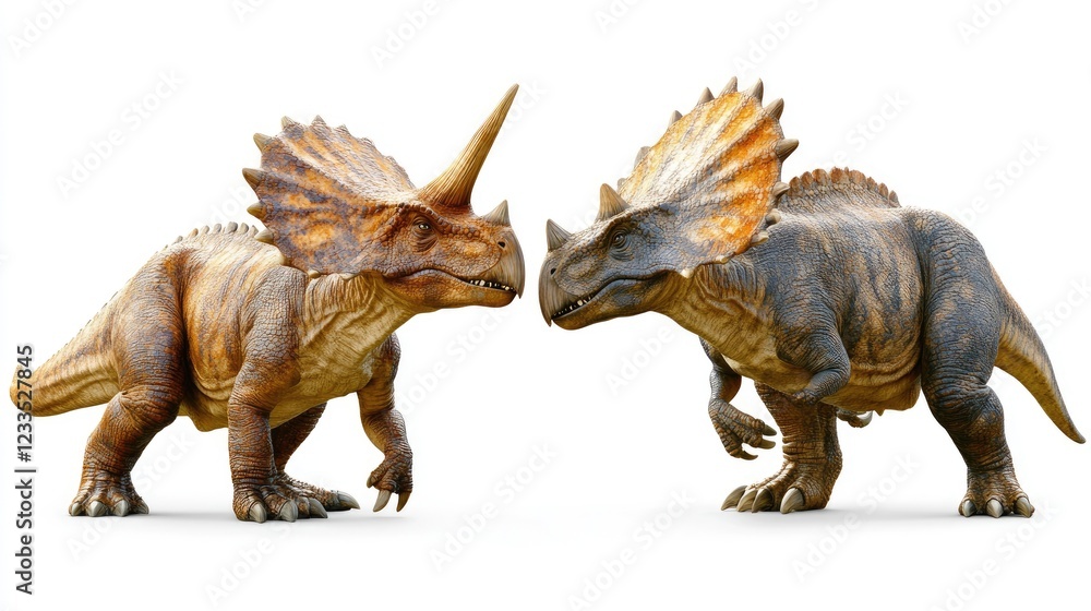 Two Realistic Dinosaurs Facing Off on a Plain White Background for Educational Purposes Two Realistic Dinosaurs Facing Off on a Plain White Background for Educational Purposes