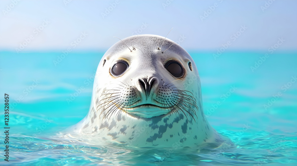 Fototapeta premium Seal pup in turquoise ocean, sunny day. Wildlife nature photography for websites, books