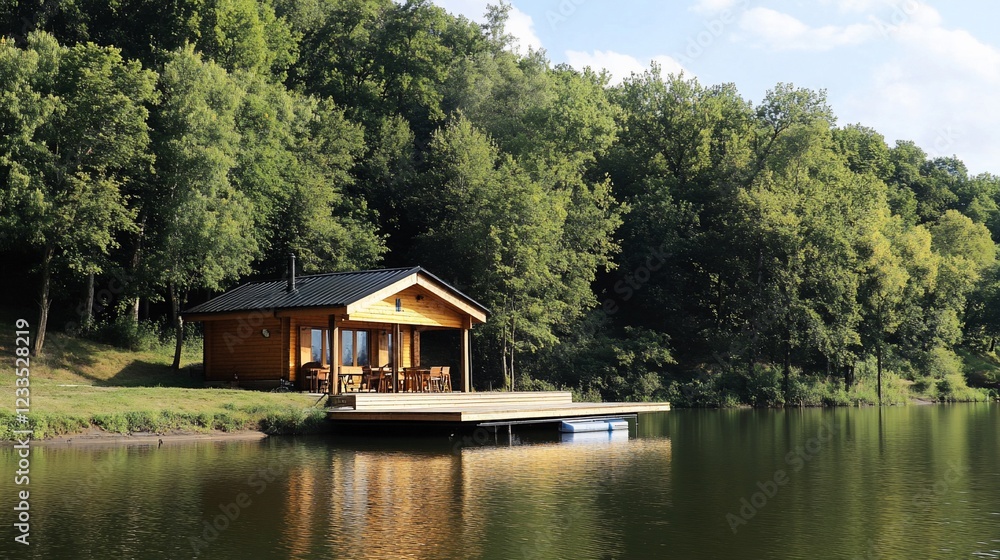 Obraz premium A wooden cabin with a deck over the water surrounded by green trees with a reflection in a clear lake