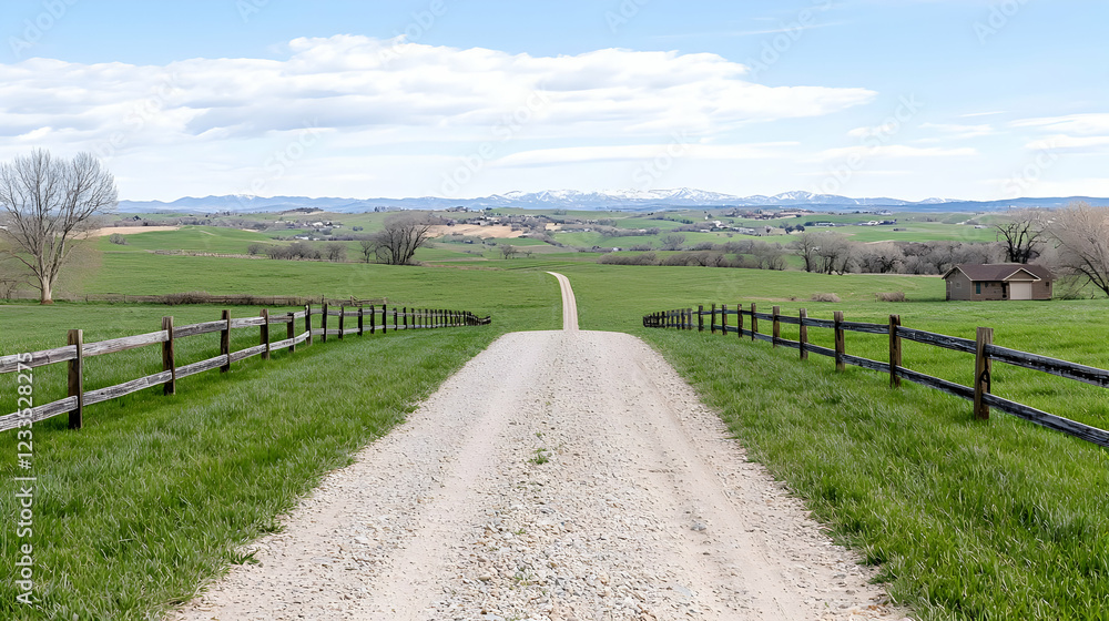 Country road leading to distant mountains, green field, fence Country road leading to distant mountains, green field, fence