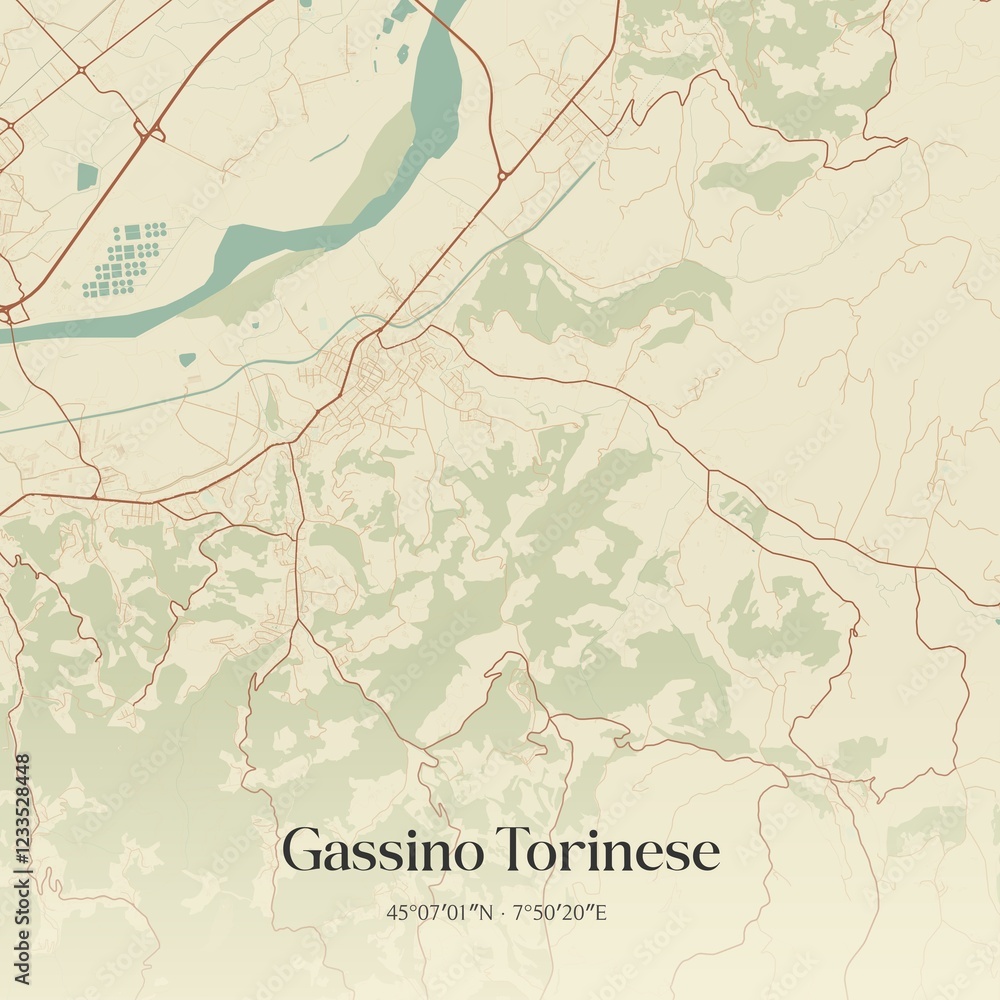 Fototapeta premium Vintage map of Gassino Torinese, Italy.