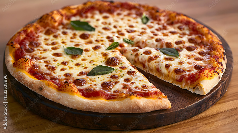 Delicious cheese pizza slice on wooden board (1) Delicious cheese pizza slice on wooden board (1)