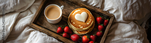 Delicious pancakes served with strawberries and coffee in a cozy setting. photo