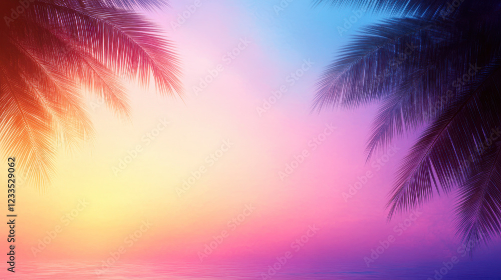 Obraz premium Colorful sunset over ocean with palm trees framing scene