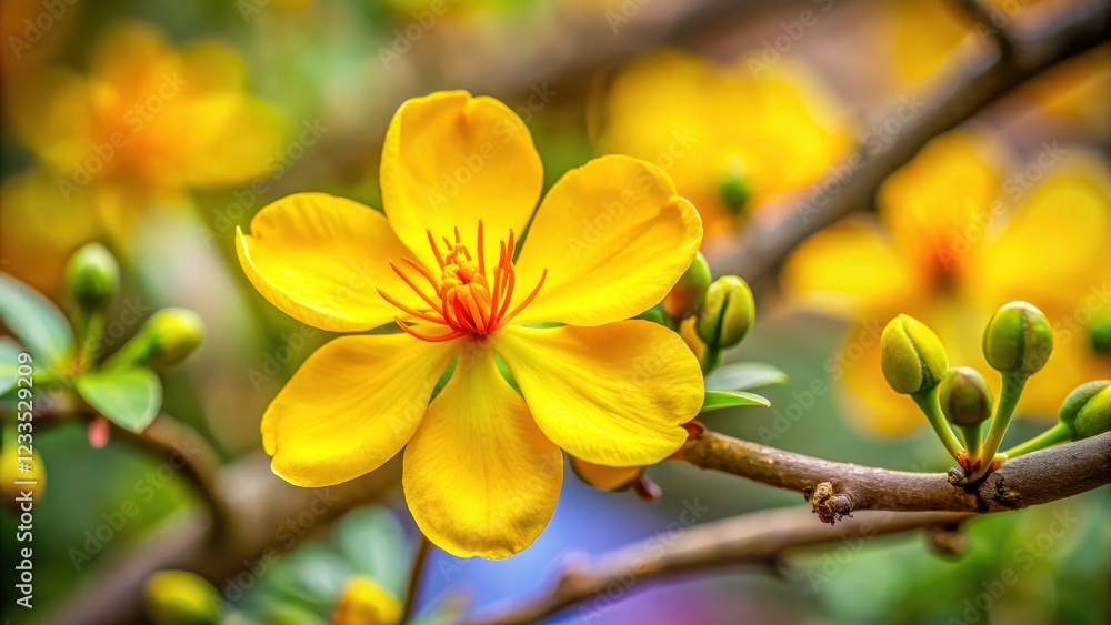 Obraz premium Close-up of vibrant yellow Ochna integerrima flower, flora, outdoor, flora, outdoor, macro, garden, tropical, leaves, ochna