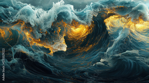 A striking visual of golden filaments merging with deep cyan waves, a poetic interplay of light and texture, suspended in a tranquil solid background