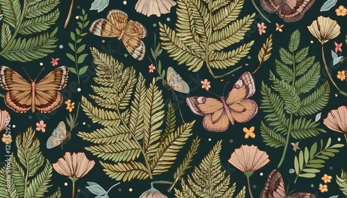 Enchanting Seamless Pattern Vibrant Fern Leaves, Exotic Flowers, and Mysterious Moths in a Lush, Tropical Rainforest Atmosphere photo