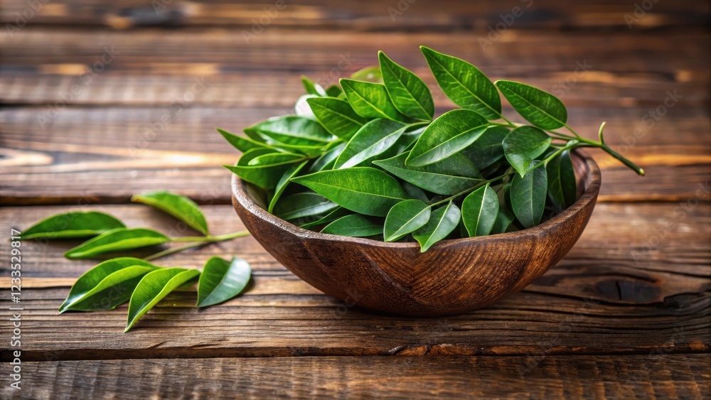 Fresh curry leaves in coconut bowl on wooden background Fresh curry leaves in coconut bowl on wooden background