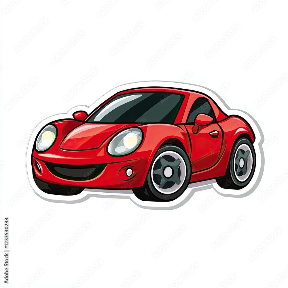 Naklejka premium A cute sticker of a tiny red sports car with a smile on the headlights on a white background