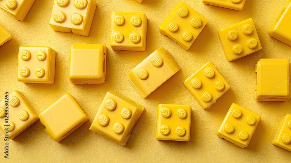 Yellow toy blocks scattered on yellow background; education, creativity, childhood Yellow toy blocks scattered on yellow background; education, creativity, childhood