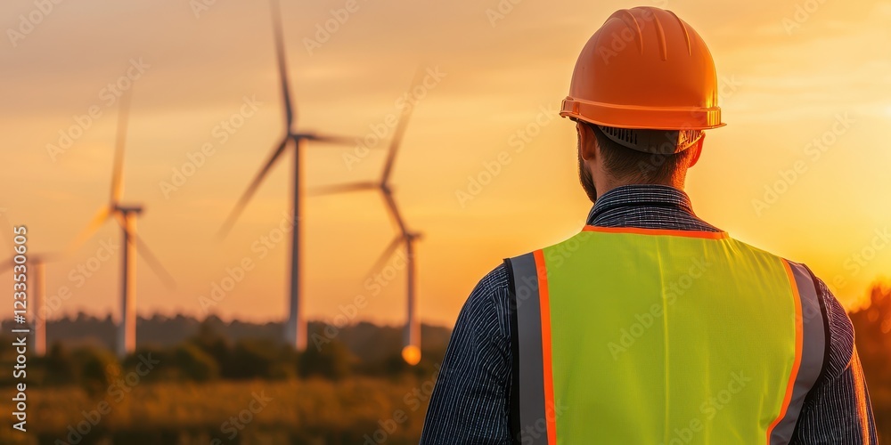 Engineer Watching Wind Turbines at Sunset Landscape Engineer Watching Wind Turbines at Sunset Landscape