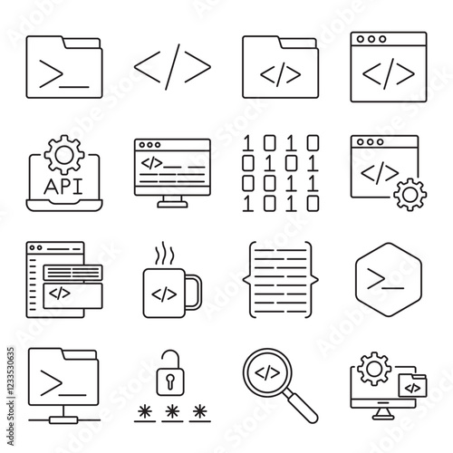 coding set of web icons in line style. code, programming, developer, software, debug and script. Vector illustration