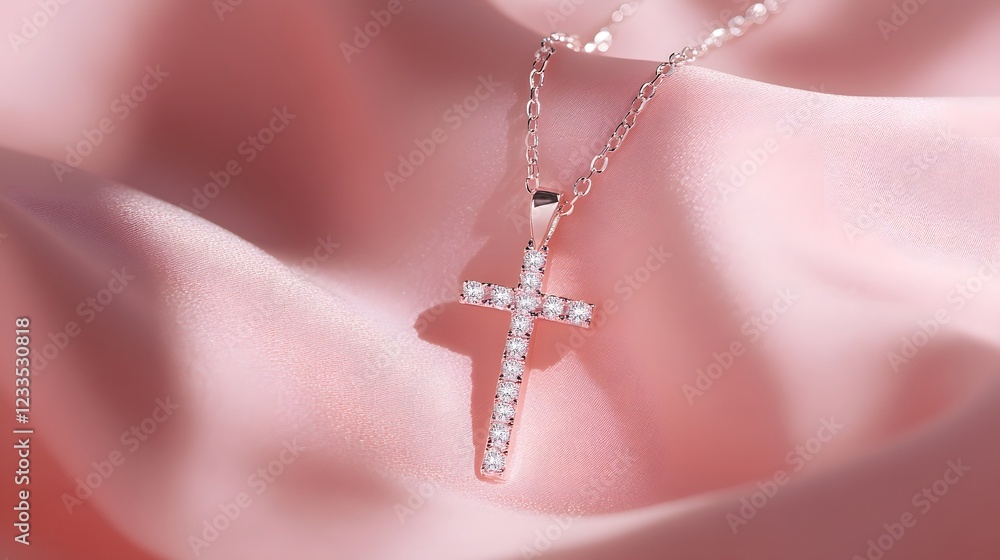 Fototapeta premium Elegant Silver Cross Necklace Glimmering on Soft Pink Fabric