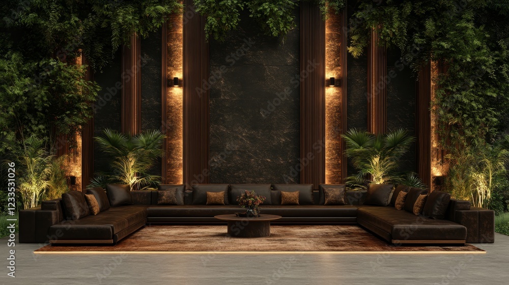 Fototapeta premium Luxurious Outdoor Lounge Sectional Sofa in Dark Garden Setting