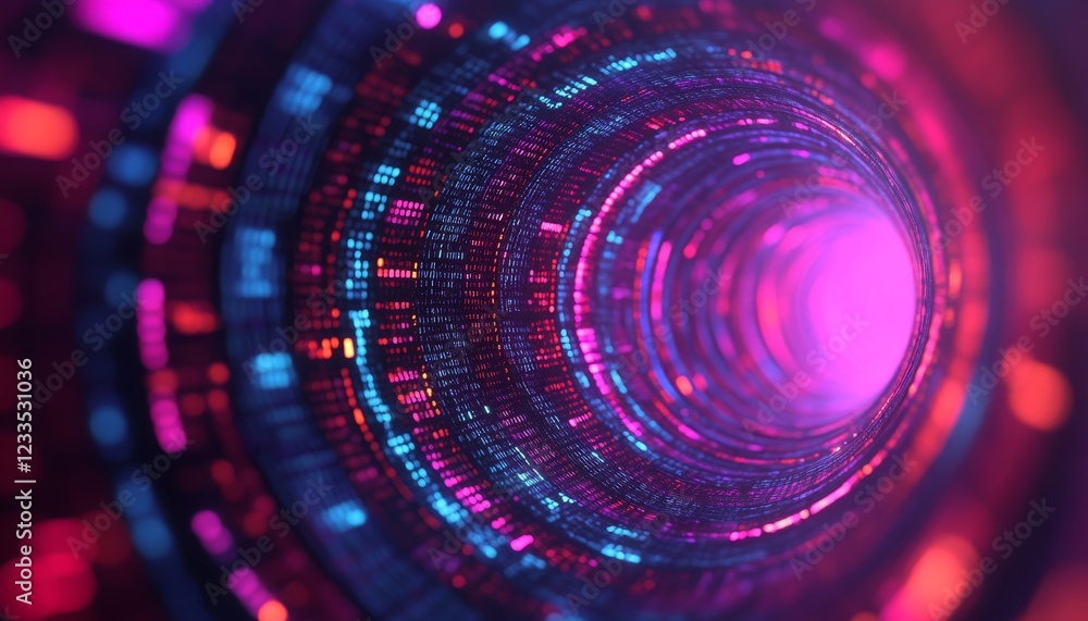 Obraz premium A vibrant digital tunnel showcasing a fusion of blue and pink colors representing data flow in a futuristic setting.