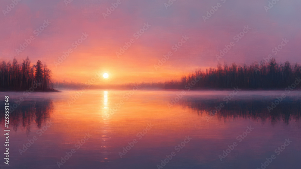 Fototapeta premium serene sunset over calm lake, reflecting vibrant pastel colors