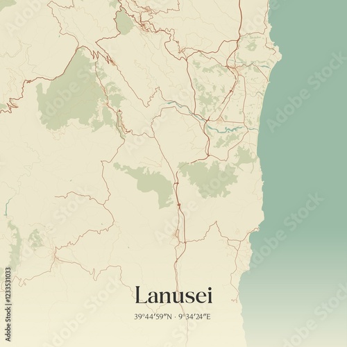 Vintage map of Lanusei, Italy.