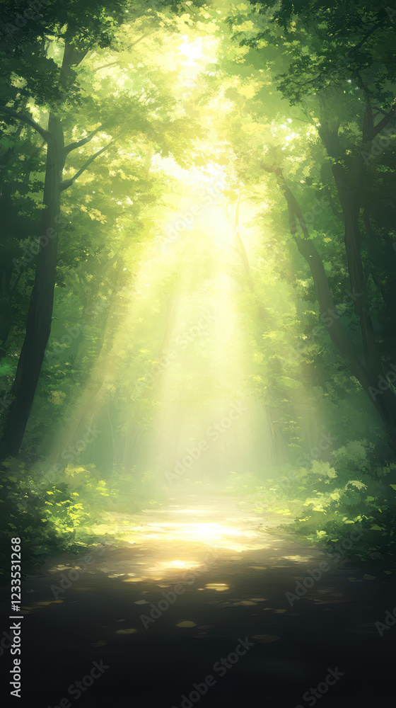 Obraz premium serene digital painting of quiet forest path with sunlight filtering through trees