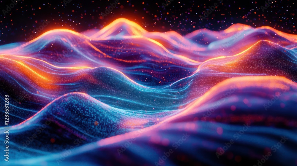 Fototapeta premium Glowing neon wavescape, digital art, cosmic background, abstract design