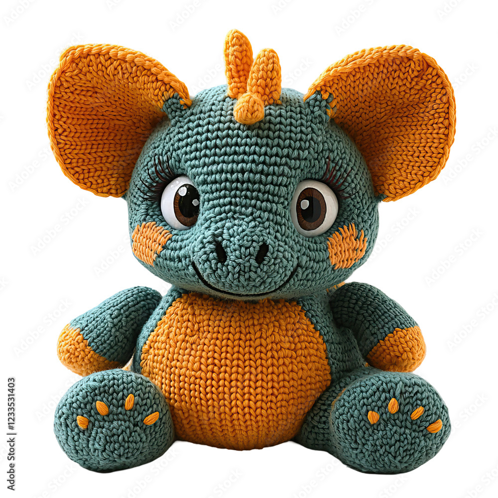 Knitted Frog Toy with Orange and Blue Yarn Featuring Large Ears and Adorable Expression on transparent background Knitted Frog Toy with Orange and Blue Yarn Featuring Large Ears and Adorable Expression on transparent background