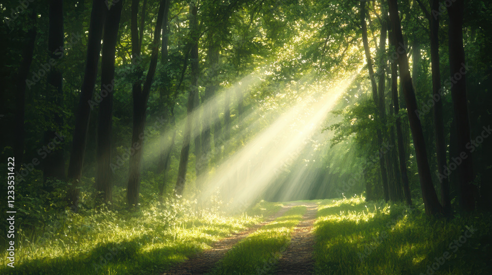 Naklejka premium serene forest path illuminated by soft sunlight filtering through trees