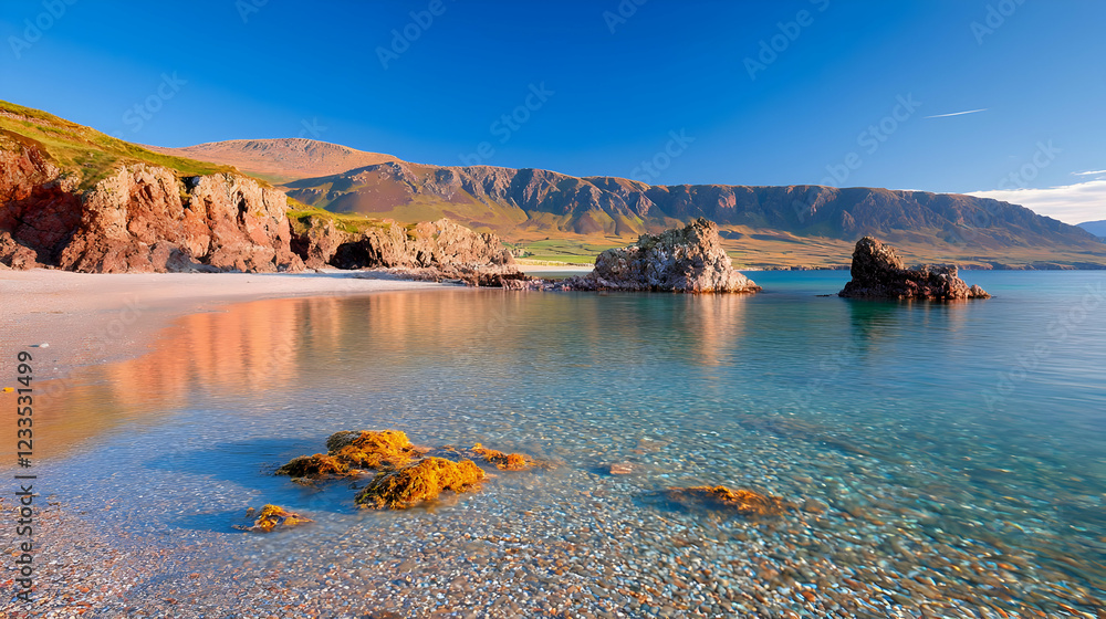 Fototapeta premium Scenic Irish beach, calm waters, mountain backdrop, sunrise