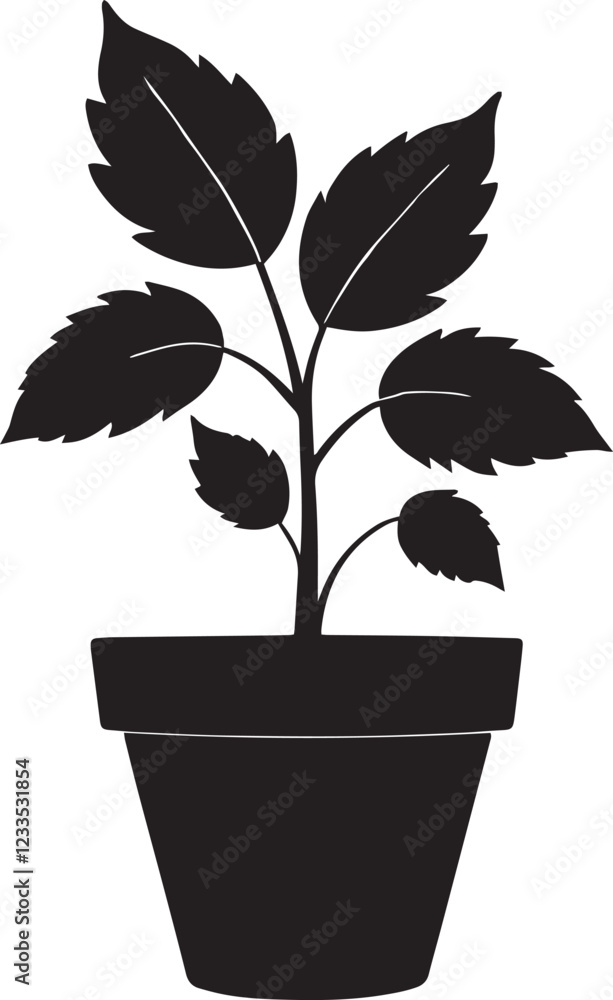 Obraz premium Leafs with cute pot black silhouette on white background vector.