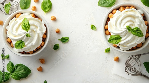 Creamy chickpea dessert, basil garnish, white background, food photography, recipe illustration