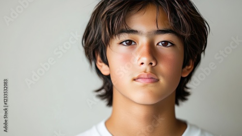 Portrait of a pensive young boy with dark hair, looking directly at the camera against a neutral background, conveying a sense of calm contemplation.