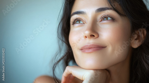 Close-up image of woman resting her chin, looking up and thinking. Close-up of beautiful and healthy images like beautiful skin care for people in their 40s and 50s