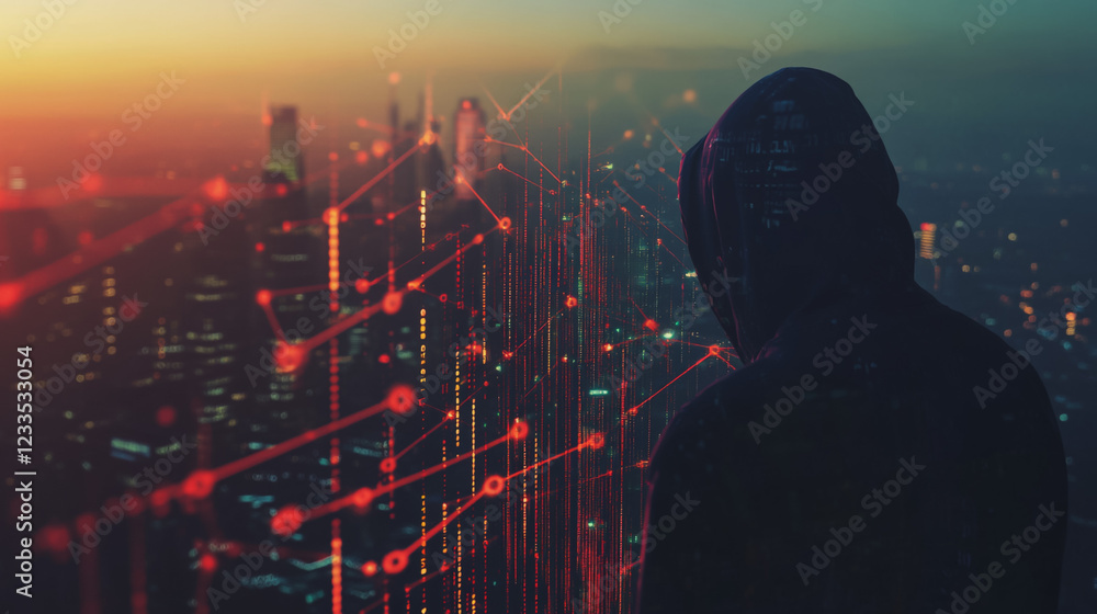 Fototapeta premium Hacker are planning to hack and attack networks and cyber security systems..Smart Innovation city with connection cyber security network reciprocity over the cityscape . future wireless digital city 