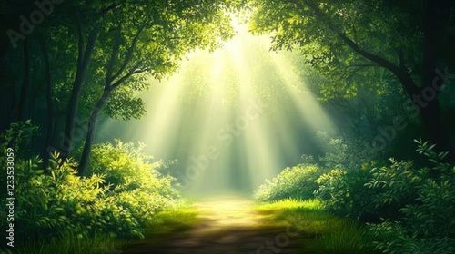 Sunbeams illuminate forest path, nature background, idyllic scene