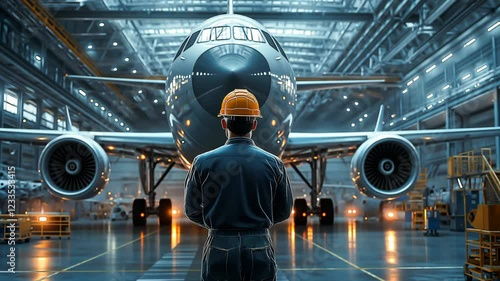 Back view of aircraft engineer in uniform standing in a large manufacturing facility, looking the production and assembly of an aircraft	