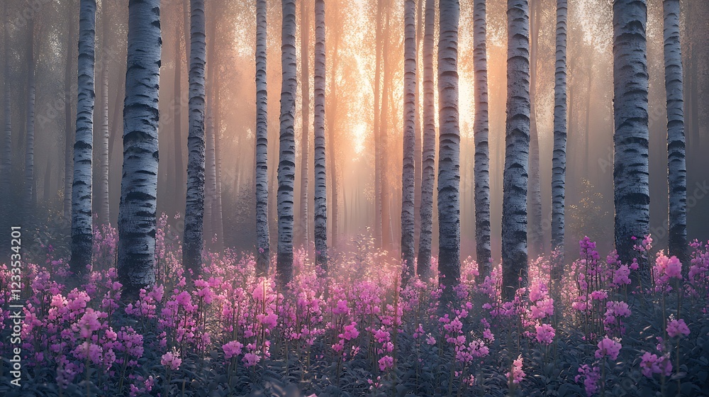 A serene forest scene with blooming flowers and tall trees, evoking tranquility and beauty. A serene forest scene with blooming flowers and tall trees, evoking tranquility and beauty.