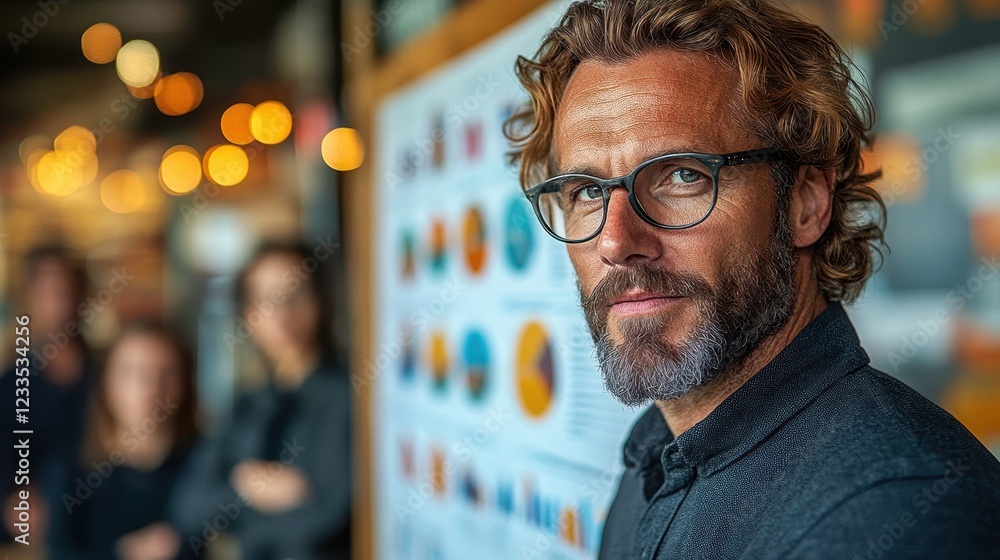 A focused man with glasses and curly hair stands in front of a colorful presentation board, showcasing a professional and engaging atmosphere. A focused man with glasses and curly hair stands in front of a colorful presentation board, showcasing a professional and engaging atmosphere.