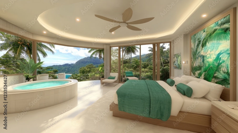 Fototapeta premium Luxurious Tropical Villa Bedroom with Ocean View and Hot Tub