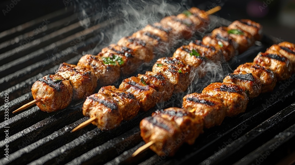 Grilled skewers of marinated meat sizzling on a barbecue with smoke rising, outdoor setting Grilled skewers of marinated meat sizzling on a barbecue with smoke rising, outdoor setting