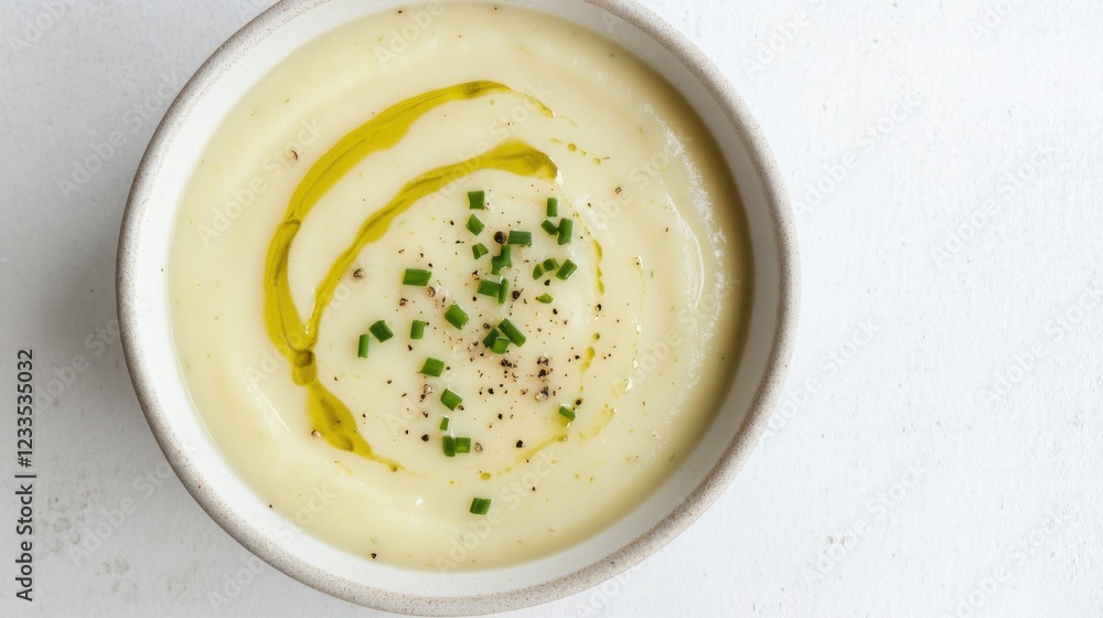A warm and inviting bowl of creamy potato leek soup, topped with a drizzle of truffle oil and a sprinkle of chives, Centered in a minimalist white bowl A warm and inviting bowl of creamy potato leek soup, topped with a drizzle of truffle oil and a sprinkle of chives, Centered in a minimalist white bowl