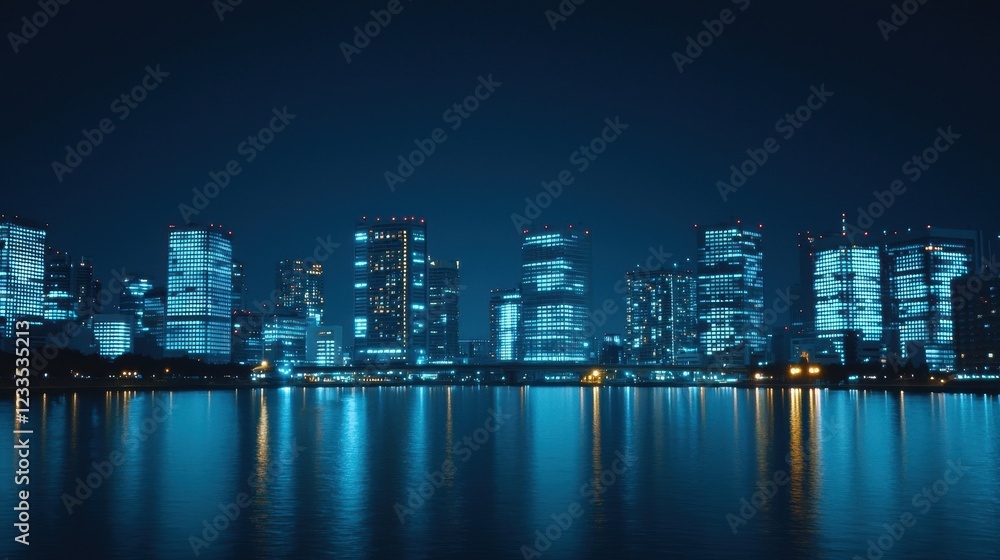 Modern Cityscape Reflection at Night with Lights Modern Cityscape Reflection at Night with Lights