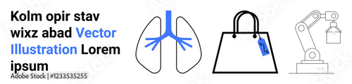Lungs diagram in blue, shopping bag with tag, and robotic arm with a hanging object. Ideal for healthcare, retail, robotics, industry, automation commerce technology. Flat landing page banner