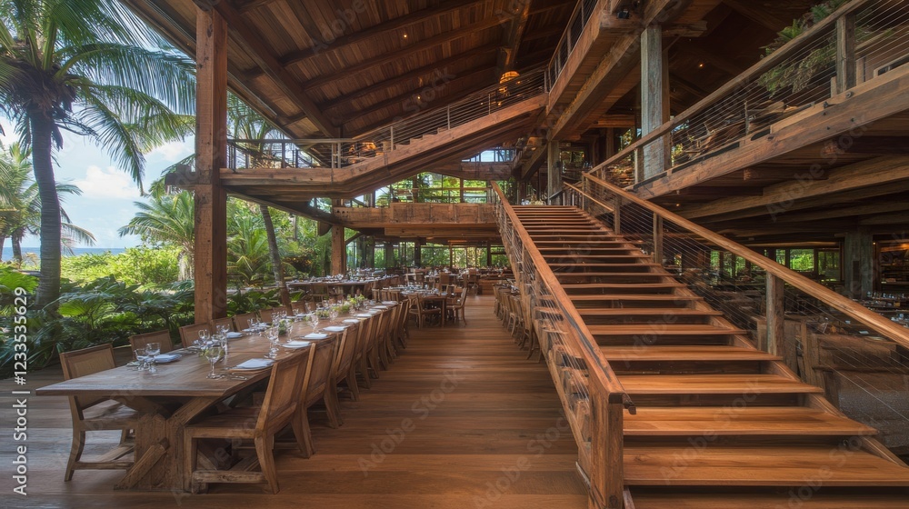 Luxurious Wooden Restaurant with Ocean View and Staircase Luxurious Wooden Restaurant with Ocean View and Staircase