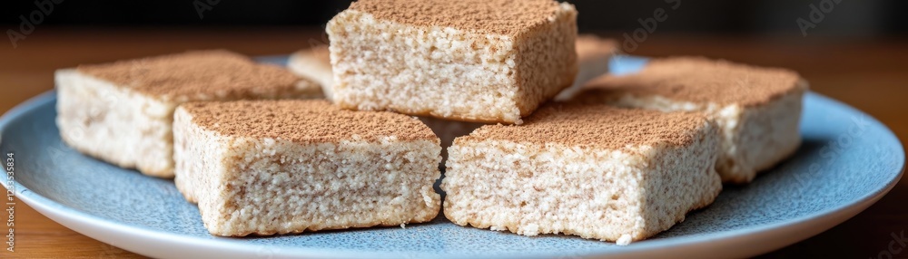 Cinnamon squares on plate, wooden table background. Dessert recipe Cinnamon squares on plate, wooden table background. Dessert recipe