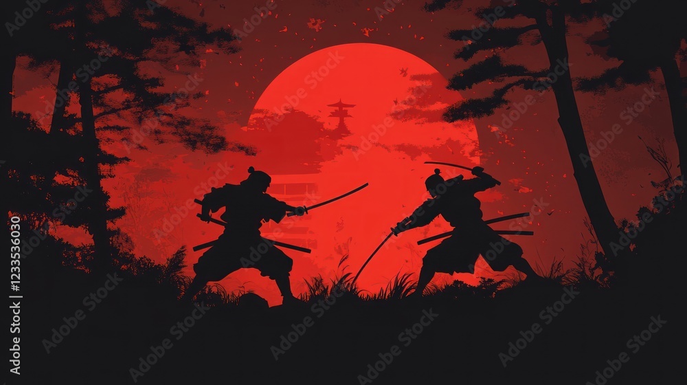 2 samurai silhouette fighting, dark red background 2 samurai silhouette fighting, dark red background