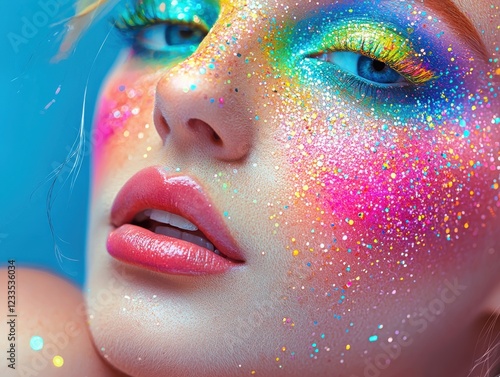 Woman with colorful makeup and glitter on her face in artistic portrait setting