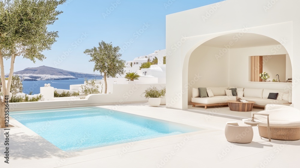 Fototapeta premium Luxury Villa Poolside Relaxation Santorini View