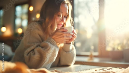 A woman in a cozy sweater enjoys a warm drink by a sunlit window. The scene exudes tranquility and comfort, capturing the essence of a peaceful autumn morning.
