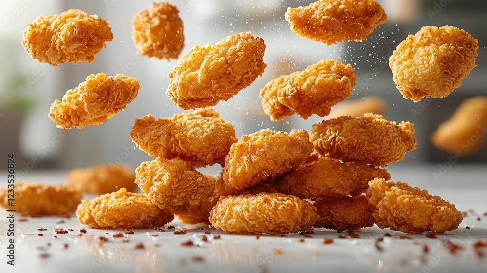Crispy golden chicken nuggets cascading in mid-air over a kitchen countertop, with spices Crispy golden chicken nuggets cascading in mid-air over a kitchen countertop, with spices