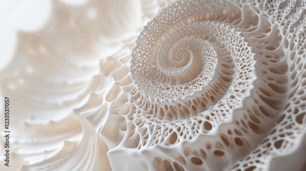 Obraz premium A close-up of a spiral seashell with intricate patterns, placed on a pure white background, highlighting its natural beauty.