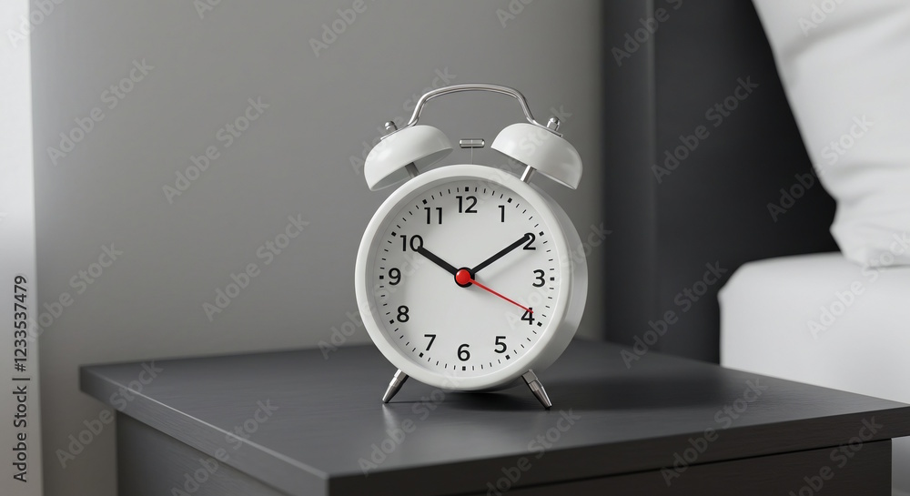 Naklejka premium Classic alarm clock with a matte finish on a bedside table.